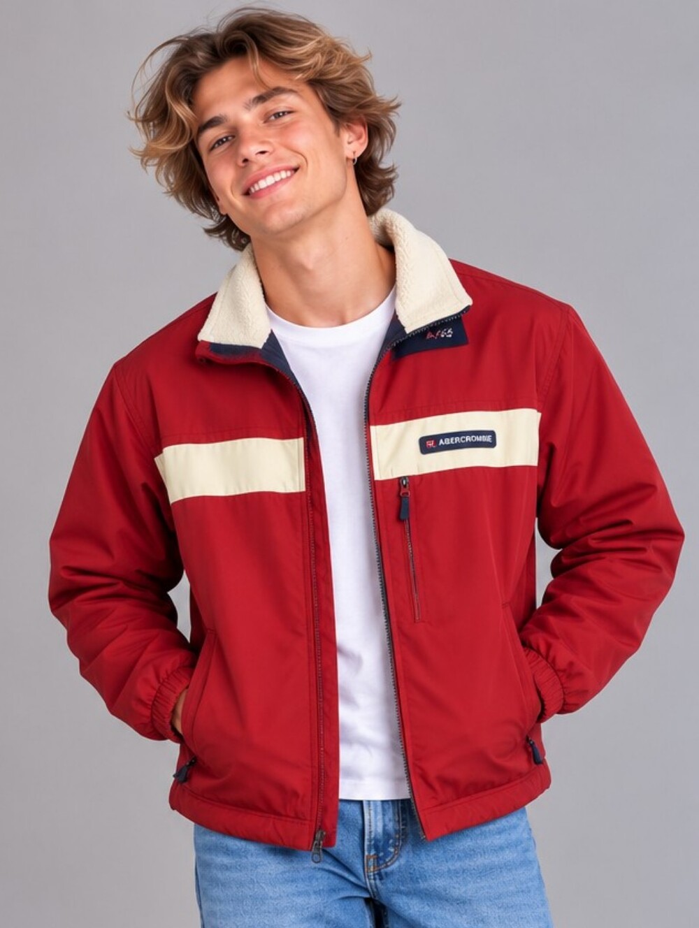 Abercrombie A/92 Mens Red Insulated Fleece Lined Jacket Medium Vintage 90s Style